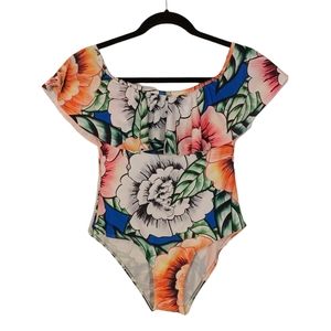 Colorful Orange Blue Pink Floral Print Ruffle Off The Shoulder One Pc Swimsuit